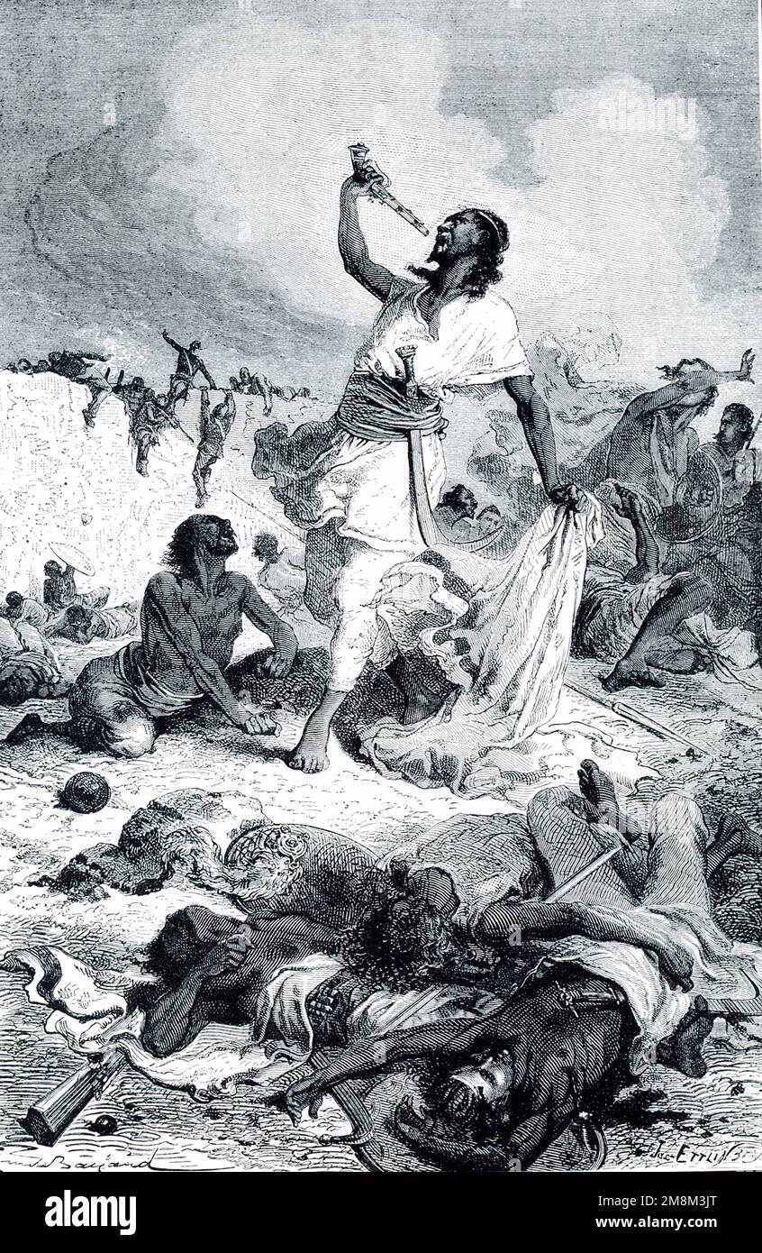 La légende de 1906 se lit comme suit : « MORT DU ROI THÉODORE D'ABYSSINIA.—cela illustre l'une des expéditions punitives les plus connues par lesquelles la Grande-Bretagne a commis des injustices ou des blessures infligées au moins de ses sujets, même dans les quartiers les plus éloignés du monde. Le roi d'Abyssinie en Afrique, ayant tué deux Anglais et refusé réparation, une armée a été envoyée contre lui sous la direction du général Napier en 1867. Les Abyssiniens n'ont été vaincus qu'après une résistance désespérée; et comme enfin les troupes britanniques résistants ont envahi les murs de pierre de sa capitale, le roi Théodore a tiré sur des hims Banque D'Images
