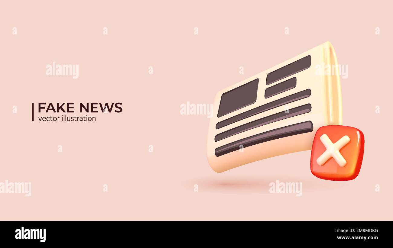 3D vecteur fausses nouvelles ou Spam concept. Realistic 3D conception de journaux. Papier d'actualités avec feuille incurvée et enseigne rouge dans des couleurs tendance. Illustration vectorielle dans un style de dessin animé minimal. Illustration de Vecteur