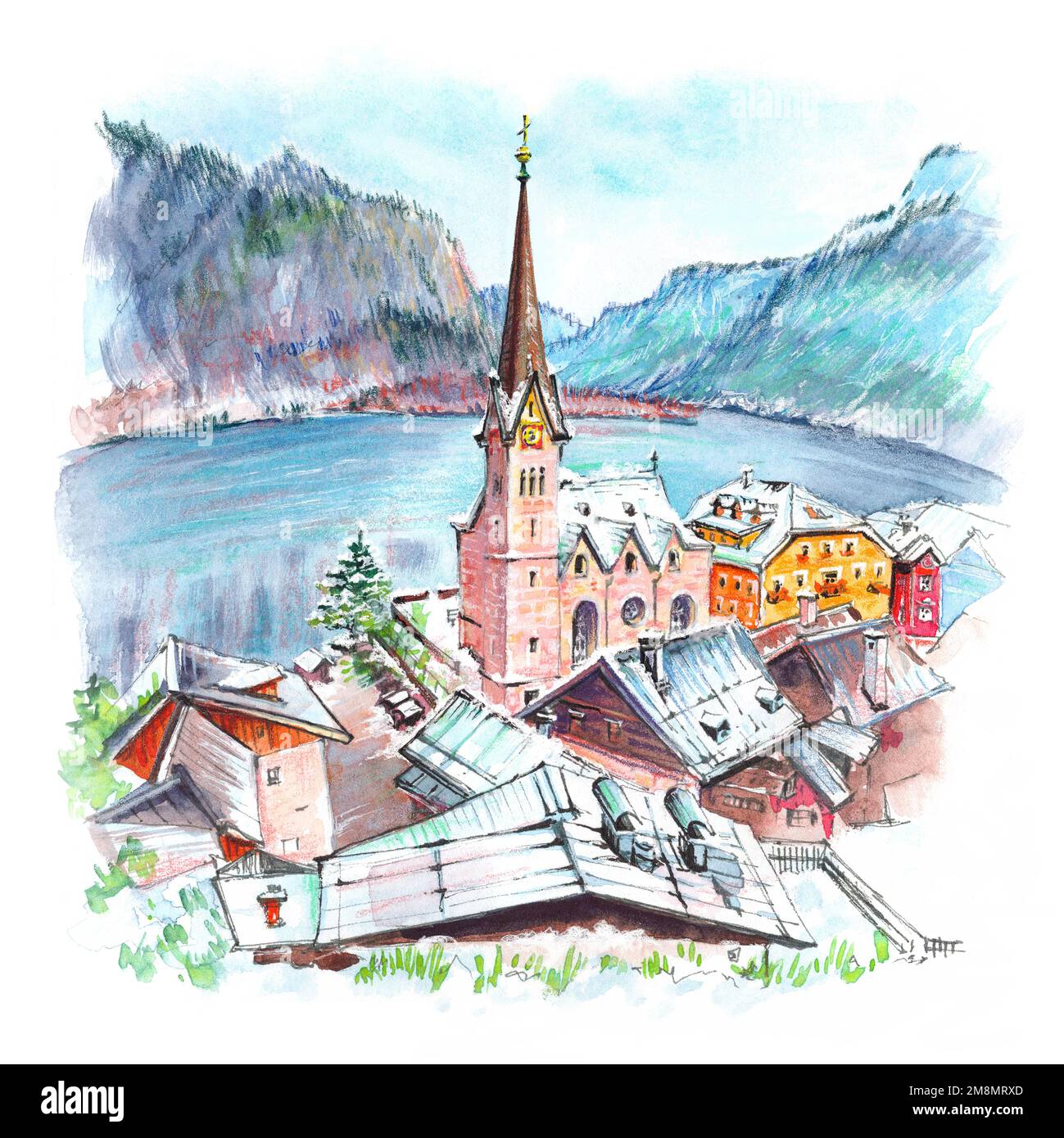 Croquis couleur aquarelle du célèbre village de montagne de Hallstatt dans les Alpes autrichiennes, en Autriche Banque D'Images
