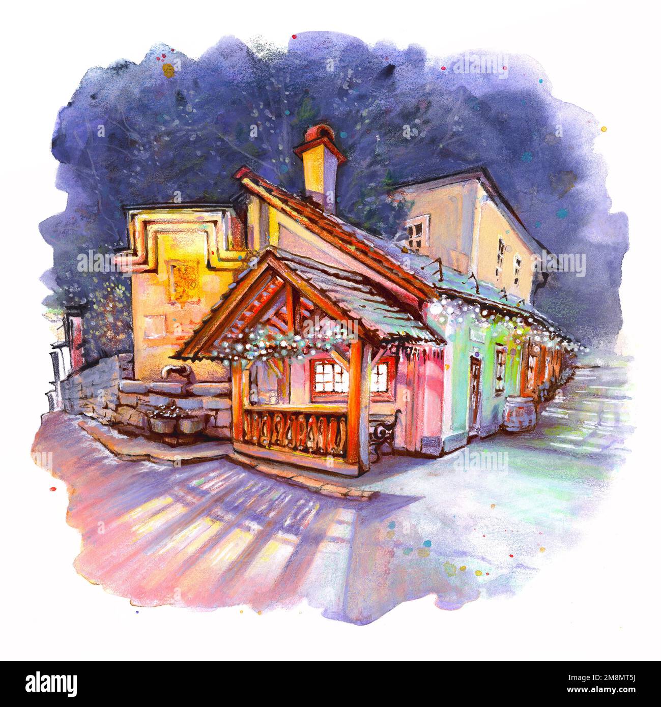 Croquis couleur aquarelle de la maison confortable de nuit dans le village de montagne Hallstatt, Autriche Banque D'Images