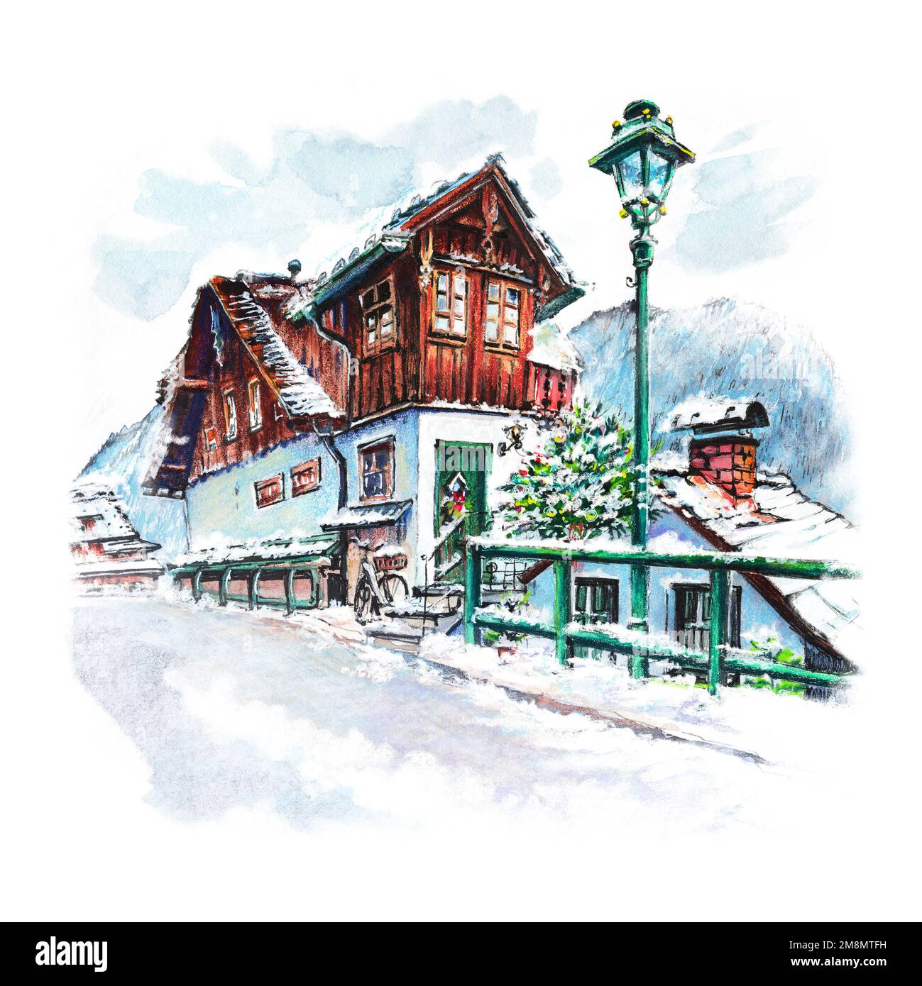 Croquis couleur aquarelle du célèbre village de montagne de Hallstatt dans les Alpes autrichiennes, en Autriche Banque D'Images