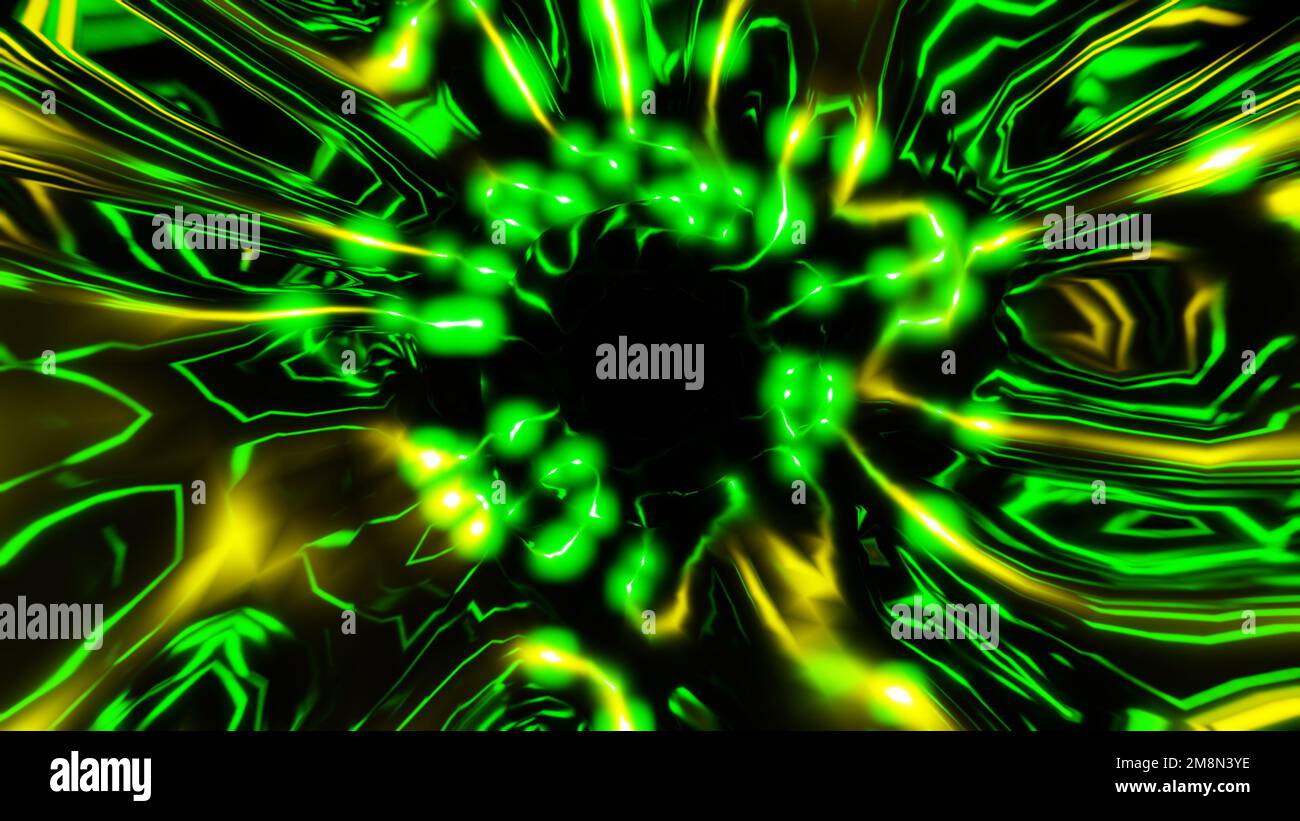 tunnel de science-fiction vert jaune avec une lueur de lumières vj animation de boucle 3d rendu illustration. Banque D'Images
