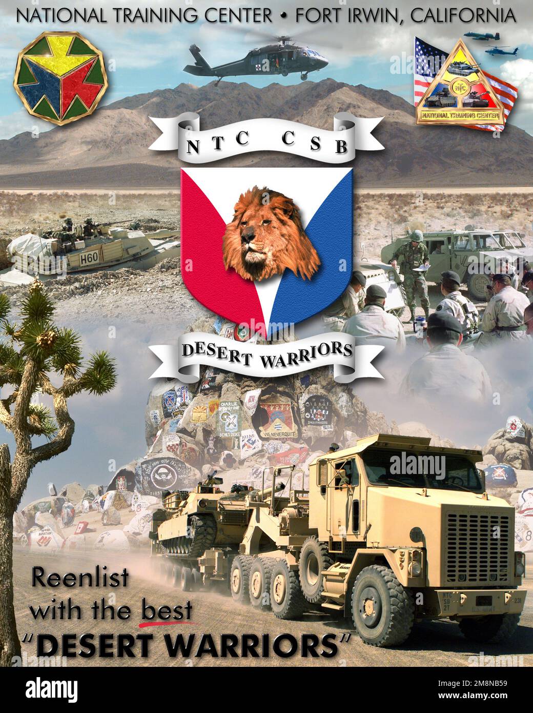 Centre national d'entraînement, fort Irwin, Californie, affiche : affiche de réenrôlement du National Training Center (NTC) corps de soutien du Bataillon « Desert Warriors ». Base: Fort Irwin État: Californie (CA) pays: États-Unis d'Amérique (USA) Banque D'Images