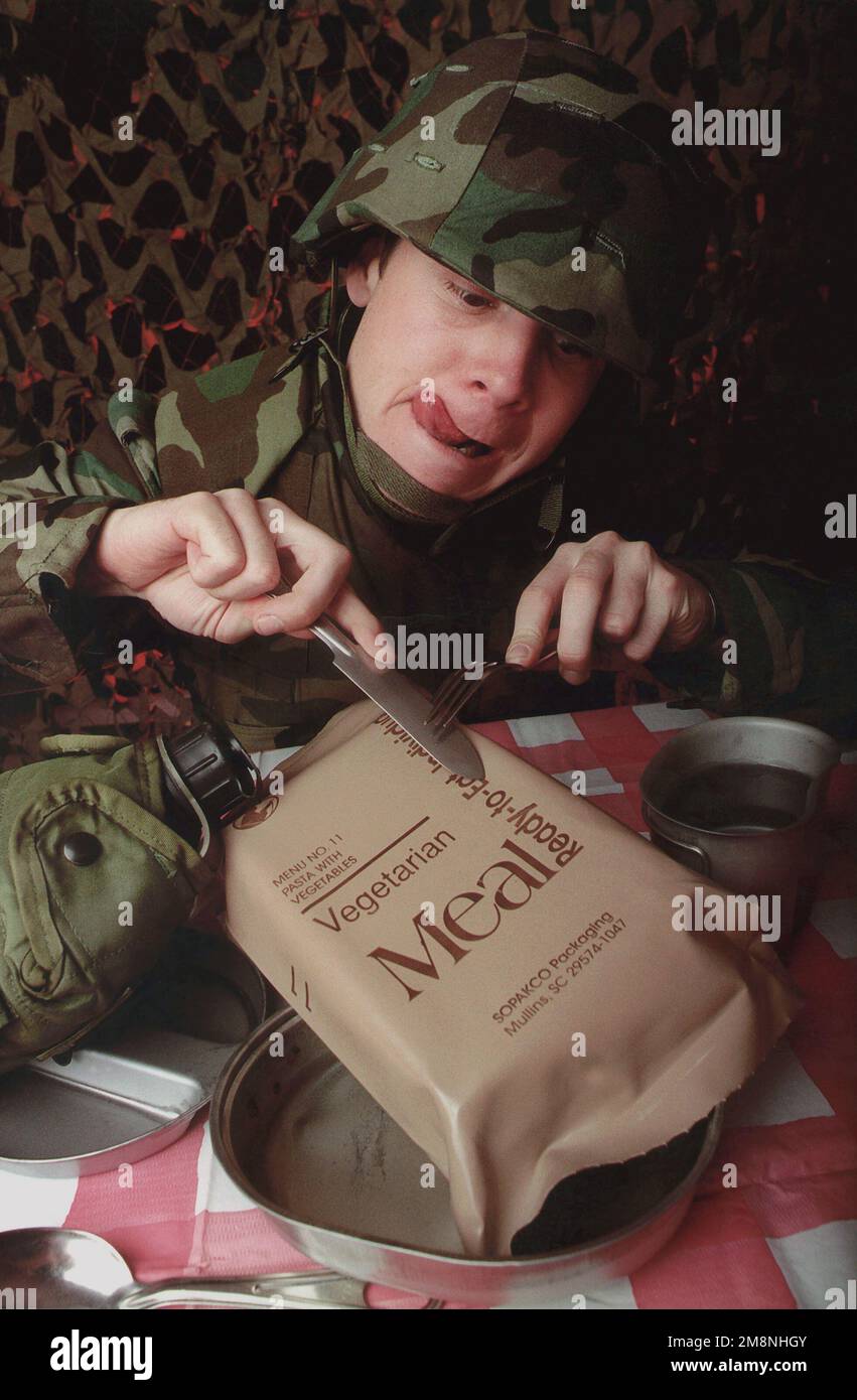 Photographe militaire de l'année vainqueur 1999 TITRE: 'Cuisine de combat' catégorie: Lieu illustratif: Troisième place Légende D'information: Le MRE (repas prêts à manger) a longtemps été une base de troupes sur le terrain et un remplacement des C-RATS (rations en conserve). Récemment, bien que les MRE d'amélioration de la qualité, comme les végétariens illustrés ici, ainsi que les repas casher et les repas plus récents de variété, les officiels ont mendié à la question : « nos troupes aiment-elles vraiment les repas ? » FICHIER IMAGE #DD-SP-01-00016. Pays : inconnu Banque D'Images