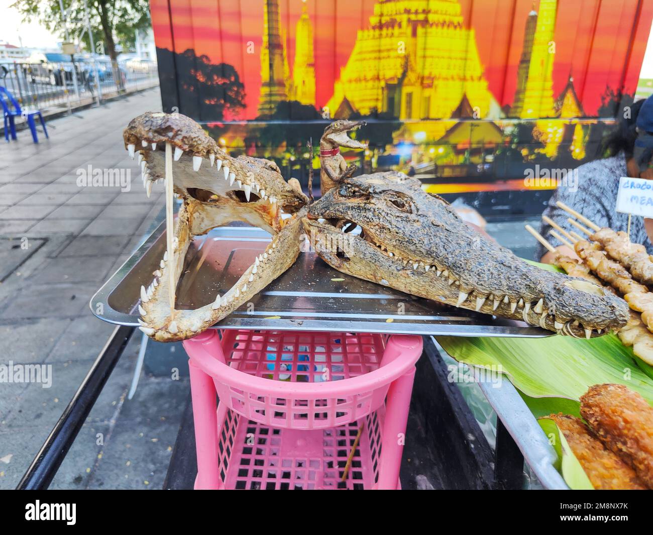 Viande de crocodile à vendre, brochée sur des bâtonnets de bambou, les têtes séchées sur un plateau d'argent, utilisé pour annoncer la viande populaire thaï, à vendre près d'une tente Banque D'Images