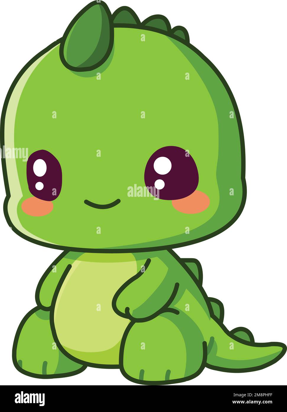 Un petit dinosaure vert souriant de dino, assis dans un style chibi Illustration de Vecteur