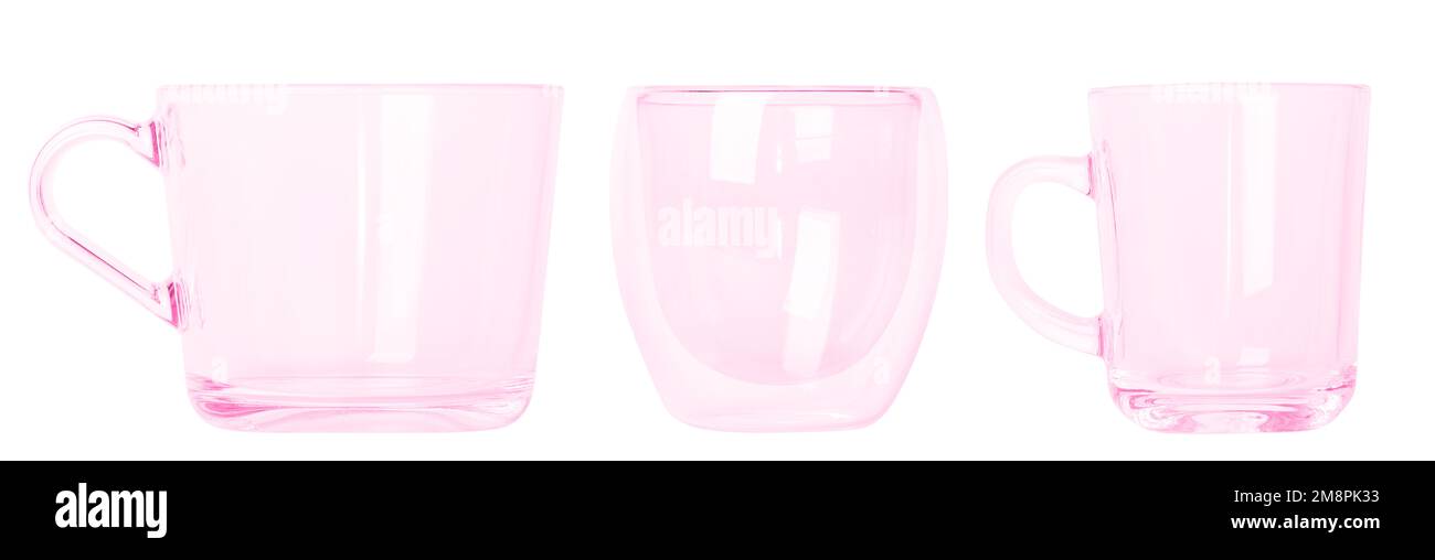 Ensemble de mugs en verre rose de différentes tailles grandes et petites mugs. Vider les mugs en verre. Banque D'Images