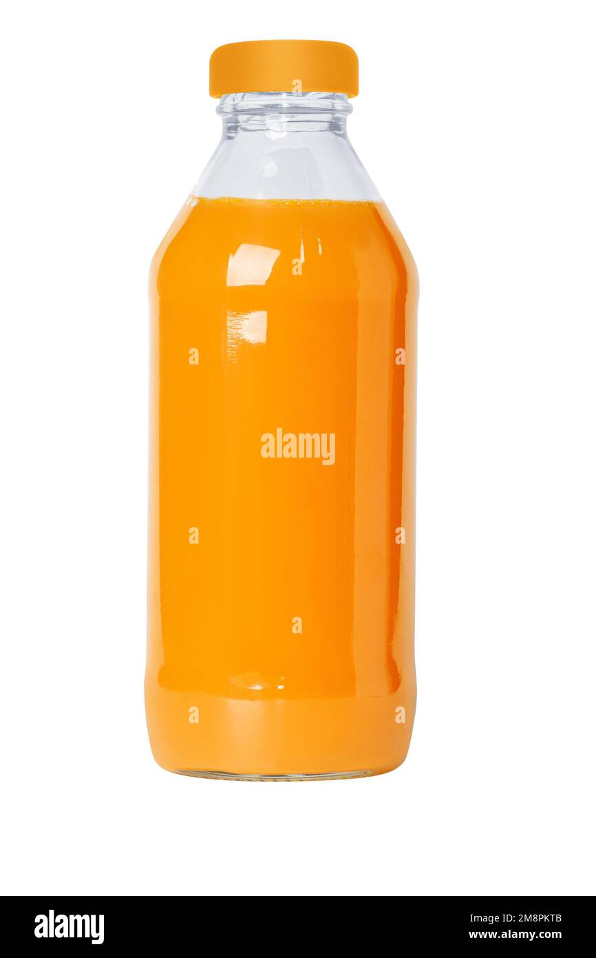 Bouteille, pot de jus d'orange fraîchement pressé isolé sur fond blanc. Banque D'Images