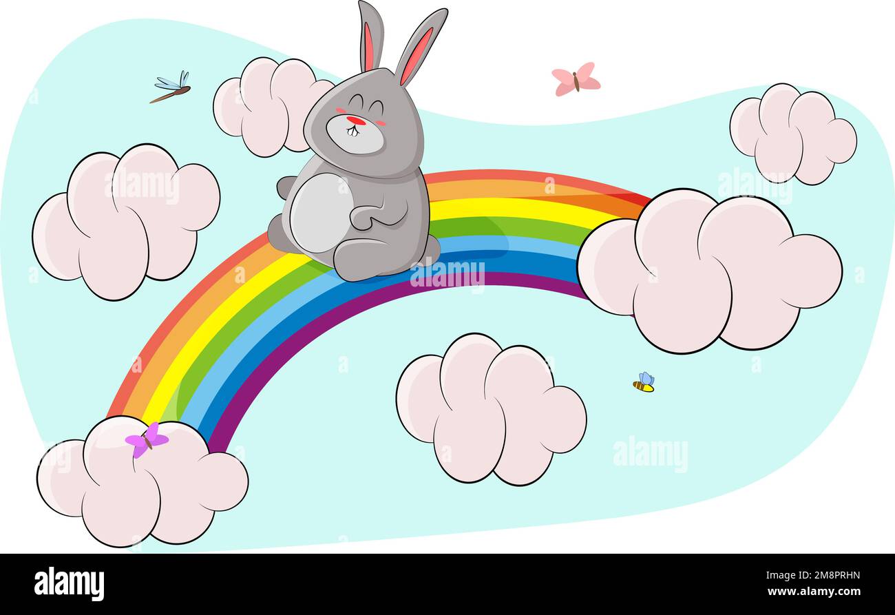 un joli lapin se promène sur un arc-en-ciel comme une glissade Illustration de Vecteur