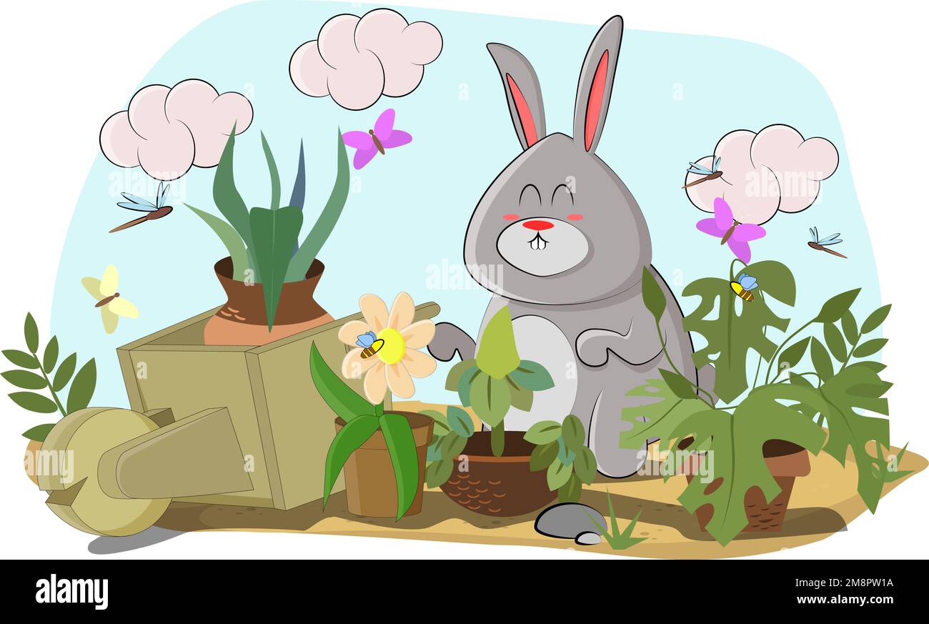Un joli lapin a apporté toutes les fleurs pour faire une serre Illustration de Vecteur