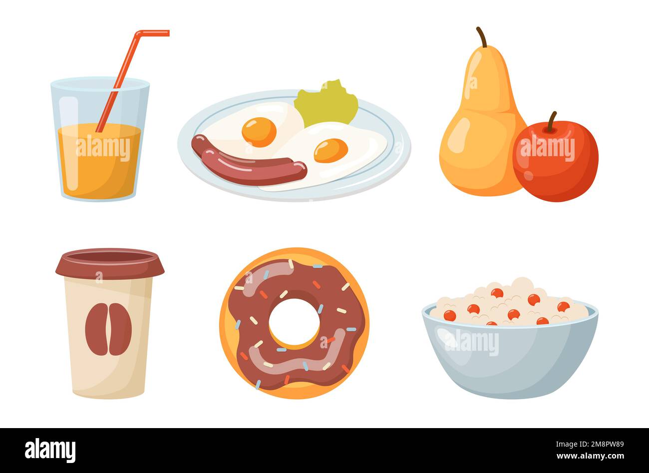 ensemble de nourriture fruits verre de café oeufs brouillés avec saucisses beignet un verre de jus et un bol de porridge Illustration de Vecteur