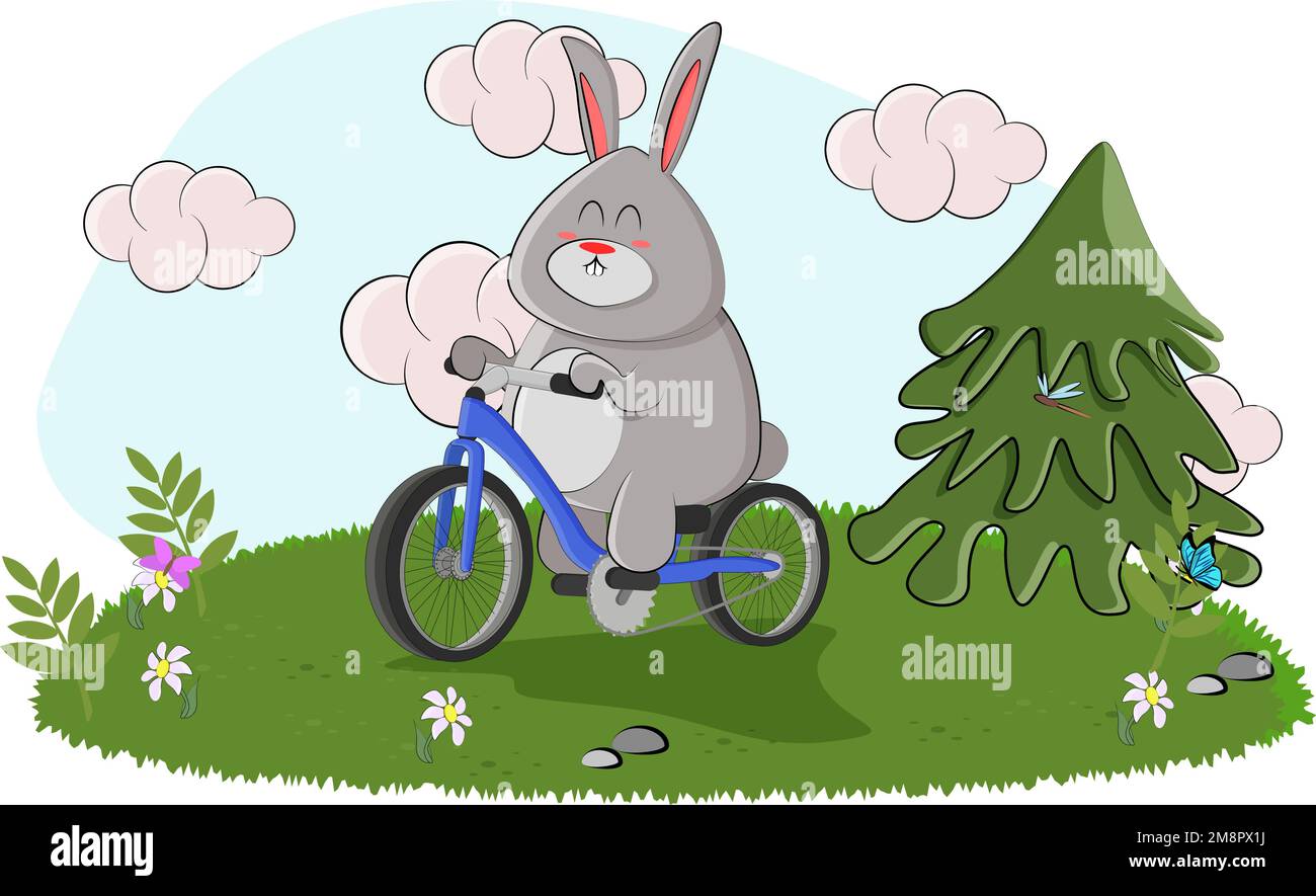 Mignon lapin acheter un vélo de montagne et une promenade dans sa forêt Illustration de Vecteur