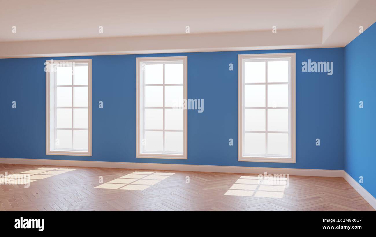 Intérieur ensoleillé de la chambre bleu clair avec trois grandes fenêtres, parquet brillant clair à chevrons et un Plinth blanc. Beau concept de l'EM Banque D'Images