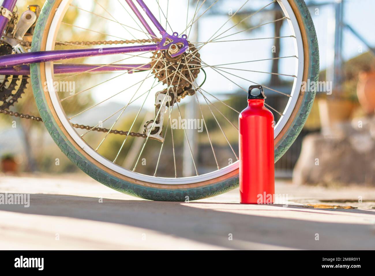 Sur une surface pavée grise, une bouteille en aluminium rouge avec un capuchon noir devant une roue de vélo avec un pneu vert. L'arrière-plan est hors foyer Banque D'Images
