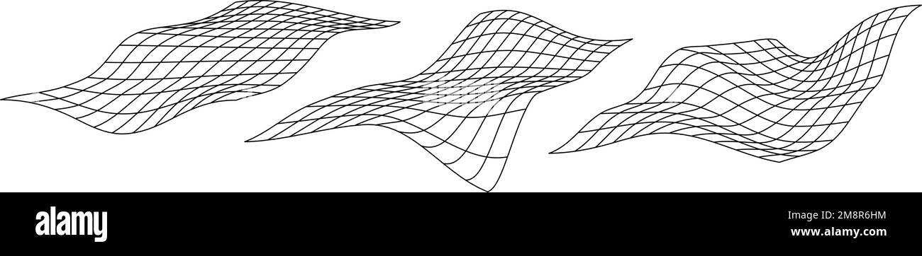 Grille de perspective déformée. Collection de plans rectangulaires Glitch. Éléments futuristes ondulés. Ondulations filaires. Résumé vectoriel Illustration de Vecteur
