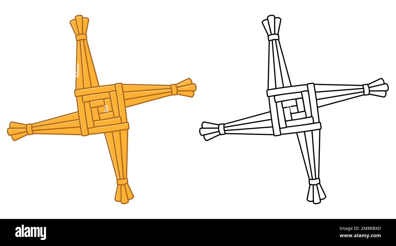 La croix de Saint Brigid's, la tradition de célébration d'Imbolc en Irlande. Décoration en noeud de paille fait main. Illustration vectorielle. Couleur et contour noir et blanc Illustration de Vecteur