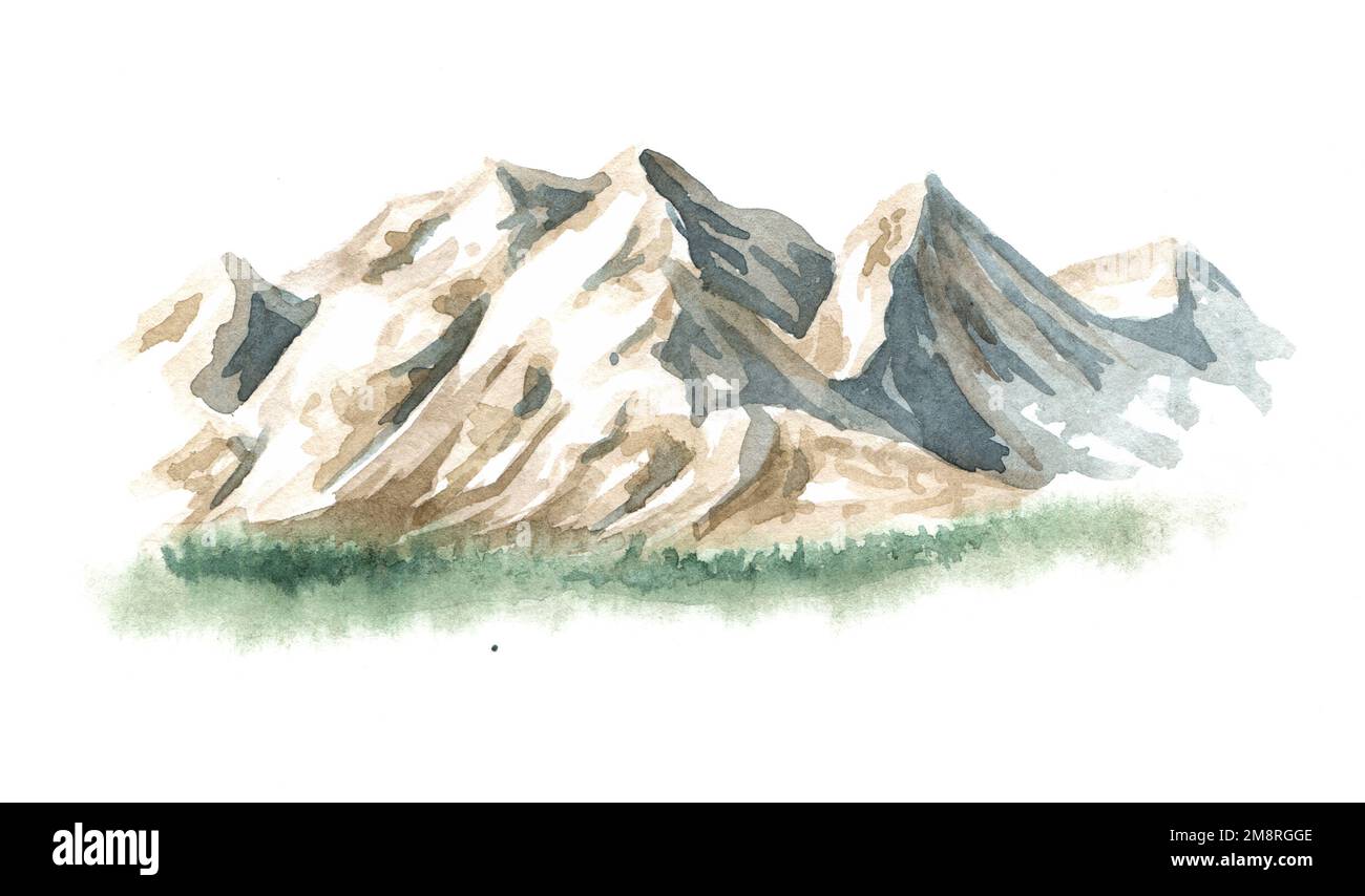 Montagnes. Illustration aquarelle dessinée à la main, isolée sur fond blanc Banque D'Images