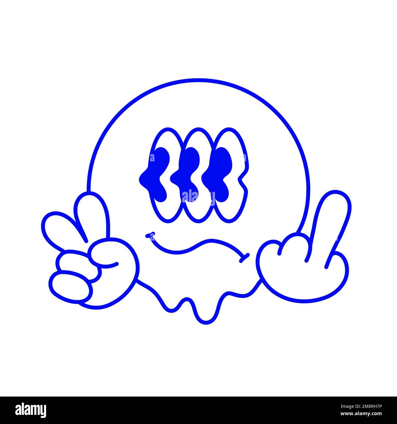 Visage souriant avec geste hippie de paix et imprimé avec le doigt du milieu du t-shirt. Illustration vectorielle de personnage de dessin animé à la main.Smile emoji visage, Peace Gesture imprimé pour t-shirt, poster, autocollant, concept de logo Illustration de Vecteur