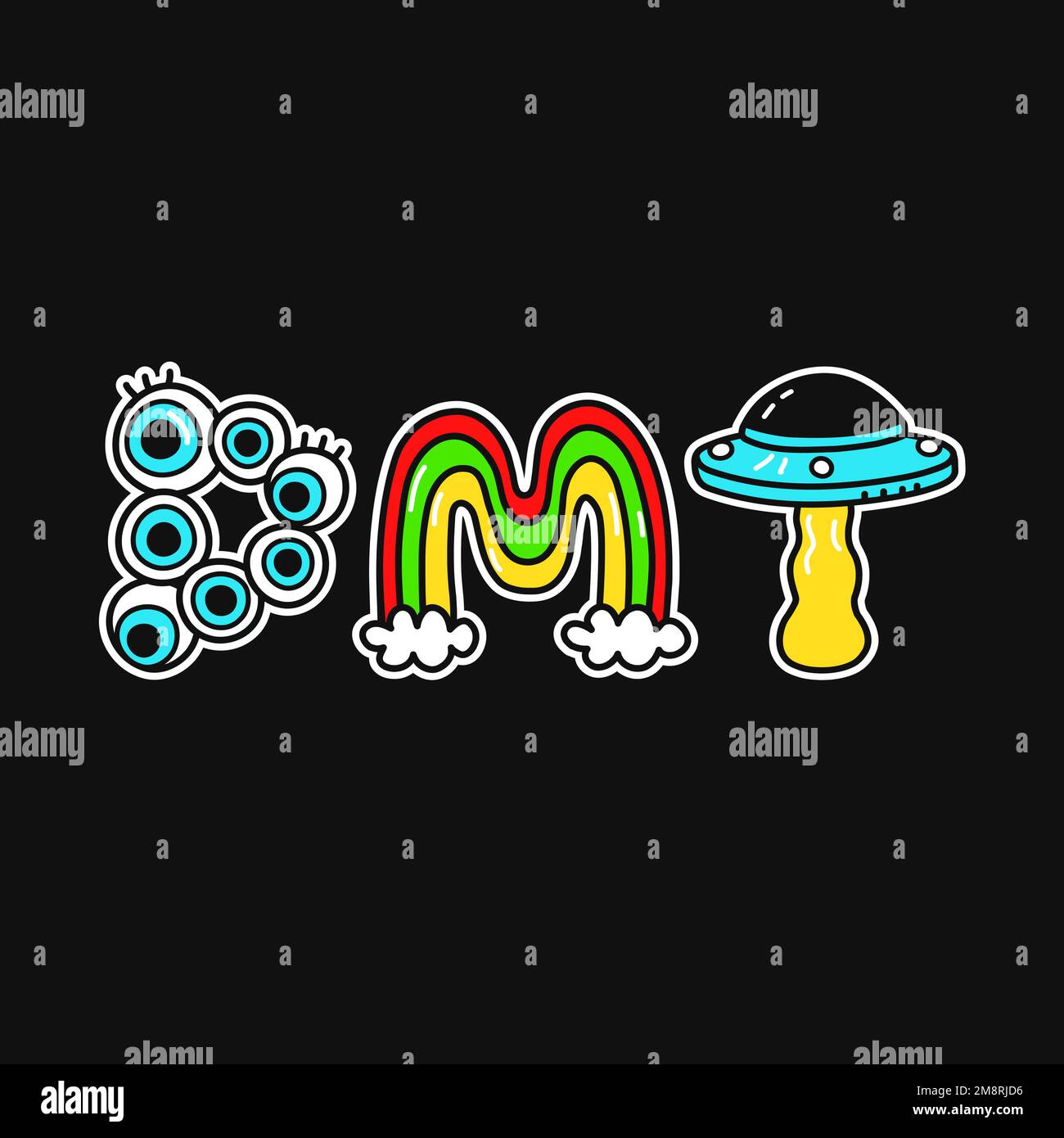 DMT mot,trippy psychodelic style lettres.Vector Doodle main dessin dandle dessin personnage de dessin animé illustration.drôle cool trippy lettres, voyage, DMT mode imprimé pour t-shirt, concept d'affiche Illustration de Vecteur