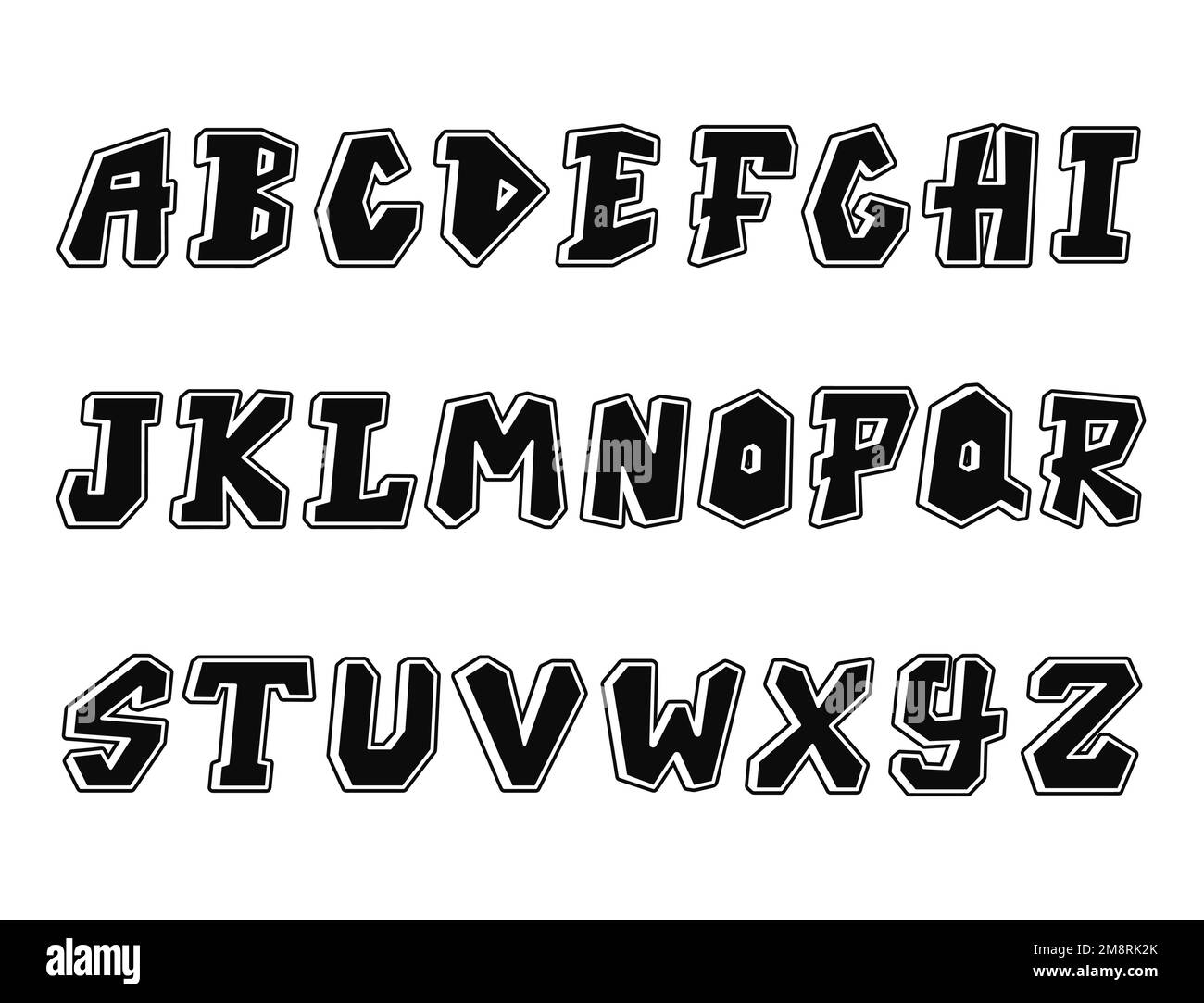 Police des lettres Graffiti.Illustration vectorielle de dessin animé à la main. Graffiti lettres, abc, urbain, police de mode imprimé pour t-shirt, poster, logo art concept Illustration de Vecteur