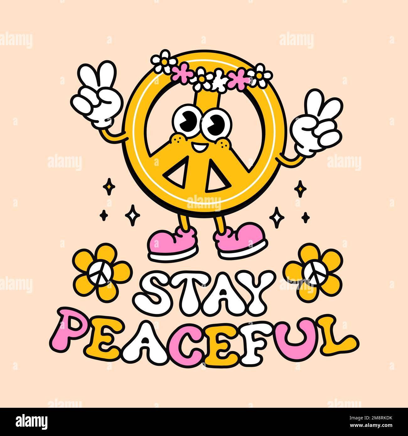 Joli imprimé t-shirt à motif signe de paix amusant. Illustration de personnages de dessin animé rétro Vector. Drôle hippie symbole paix texte imprimé pour t-shirt, affiche, autocollant, logo art concept Illustration de Vecteur