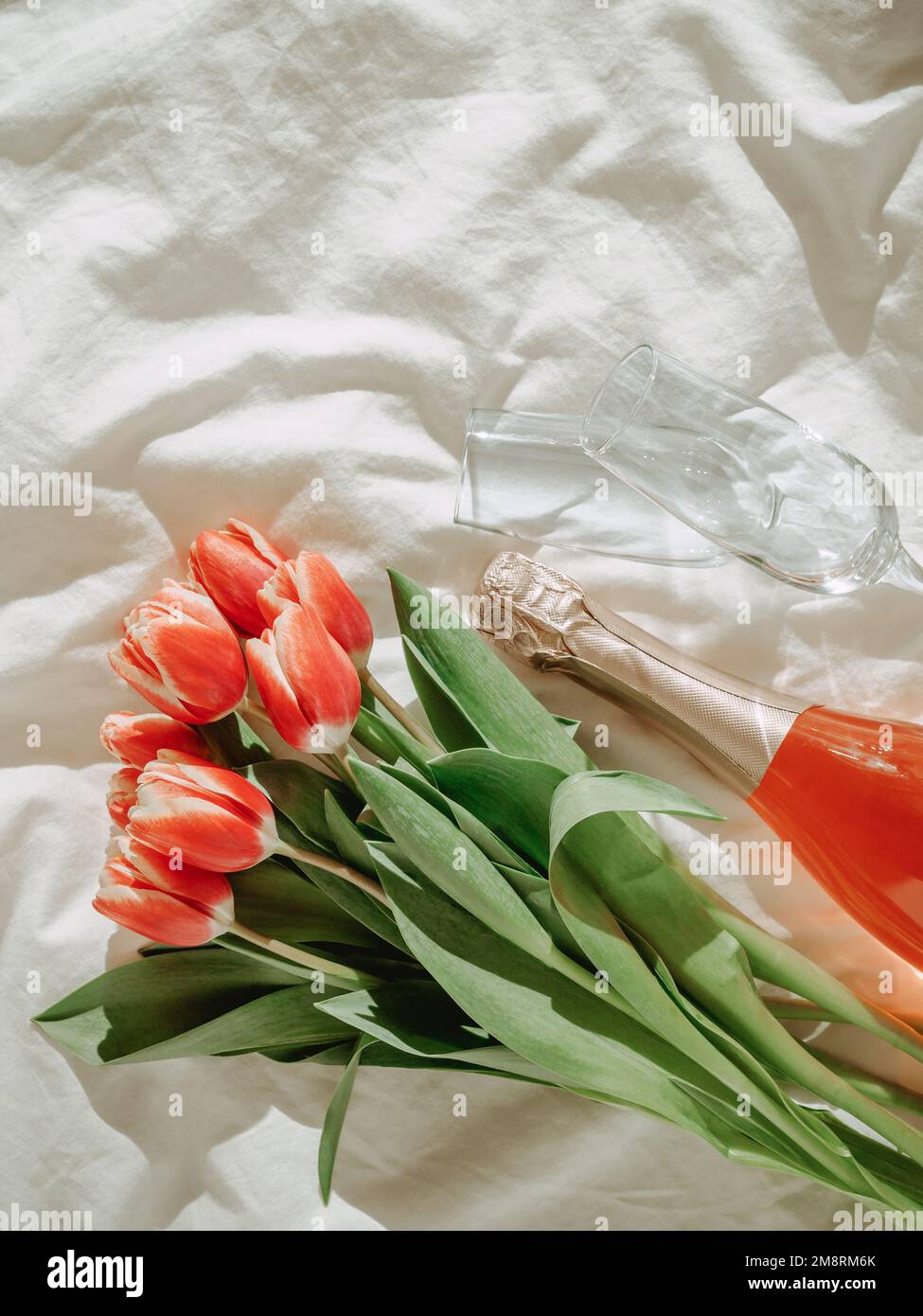 Bouquet de tulipes rouges, vin de rose et verres à champagne sur draps blancs. Concept de la Saint-Valentin, date, mars 8. Fleurs de printemps et bouteille. Vue de dessus ou plan d'agencement. Copier l'espace. Verticale Banque D'Images