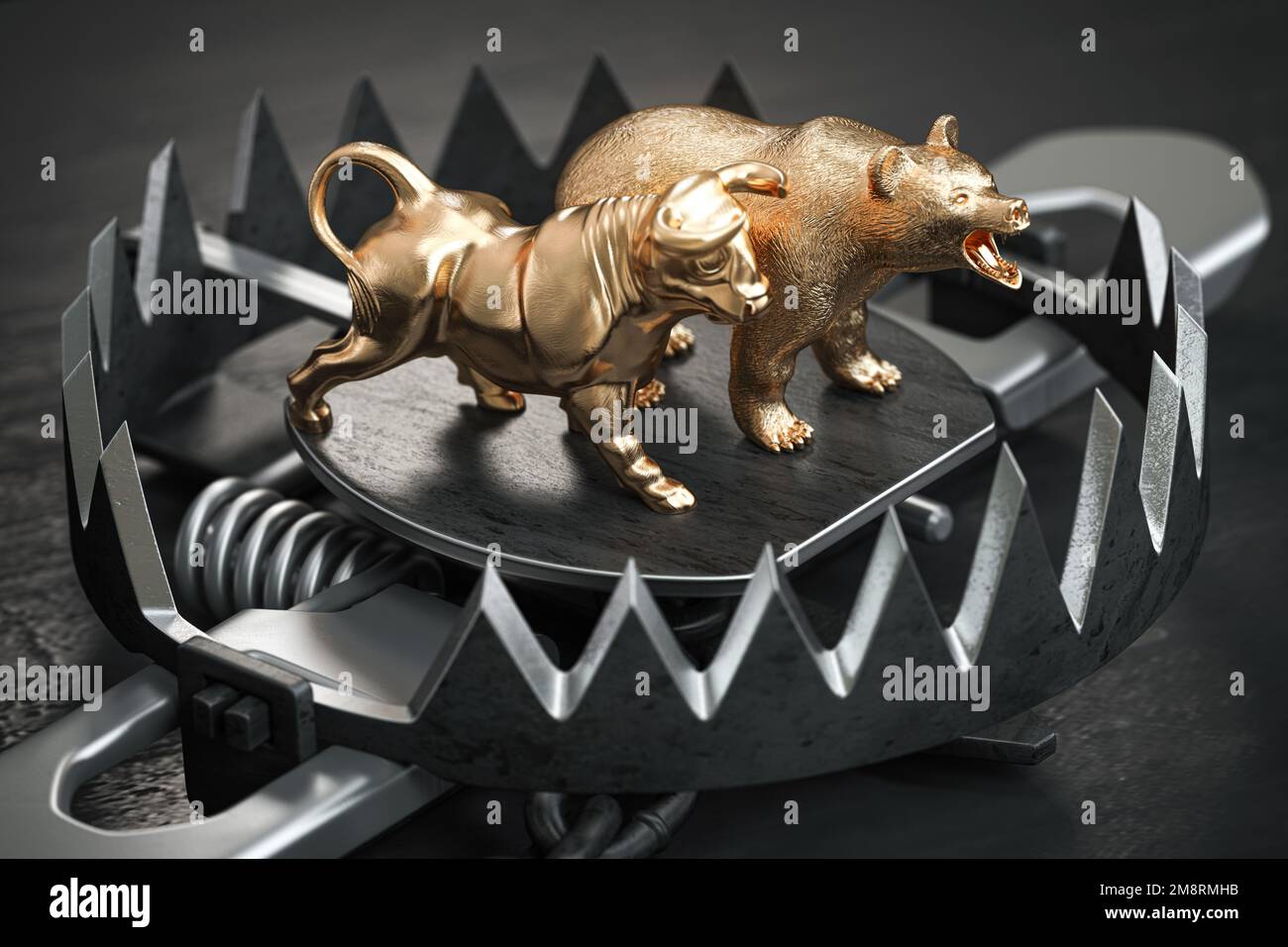 Ours et taureau dans un piège. Piège de la dette, crise de l'investissement et concept de marché financier. 3d illustration Banque D'Images