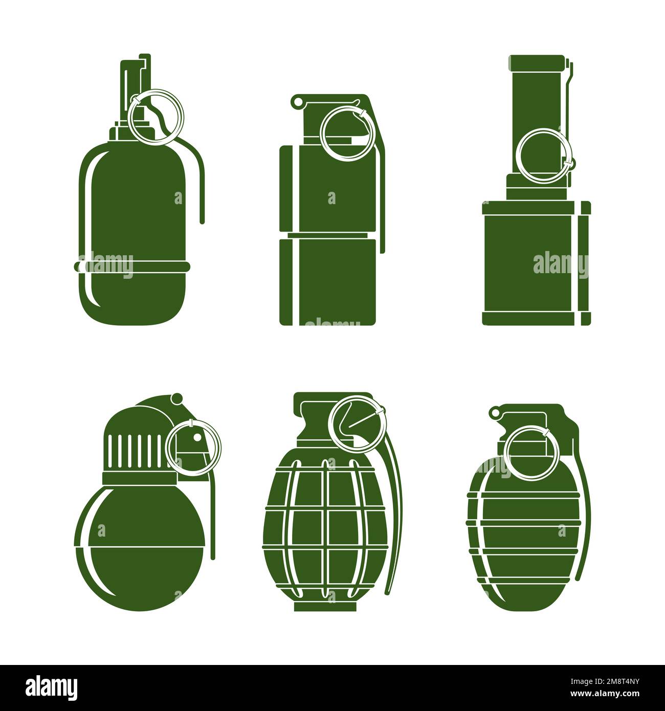 Silhouettes vertes de diverses grenades de combat. Sur fond blanc. Illustration de Vecteur