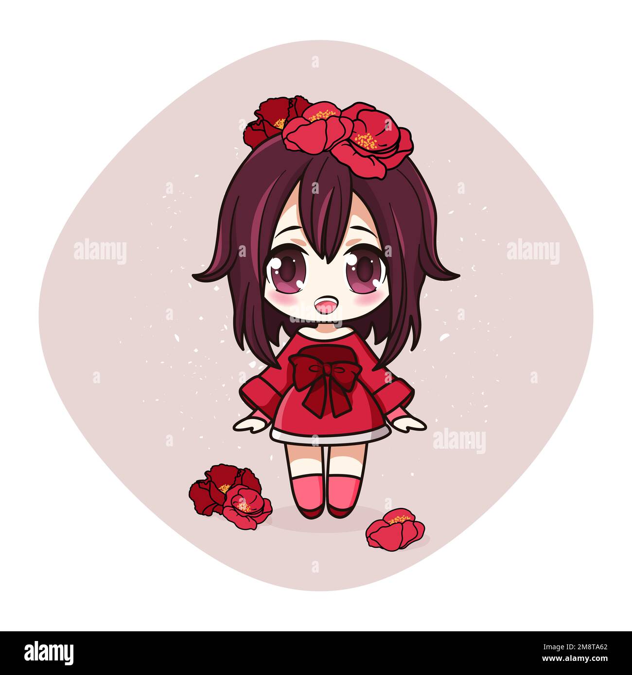 Adorable et kawaii fille avec des coquelicots rouges. Chibi Manga avec fleurs. Illustration de Vecteur
