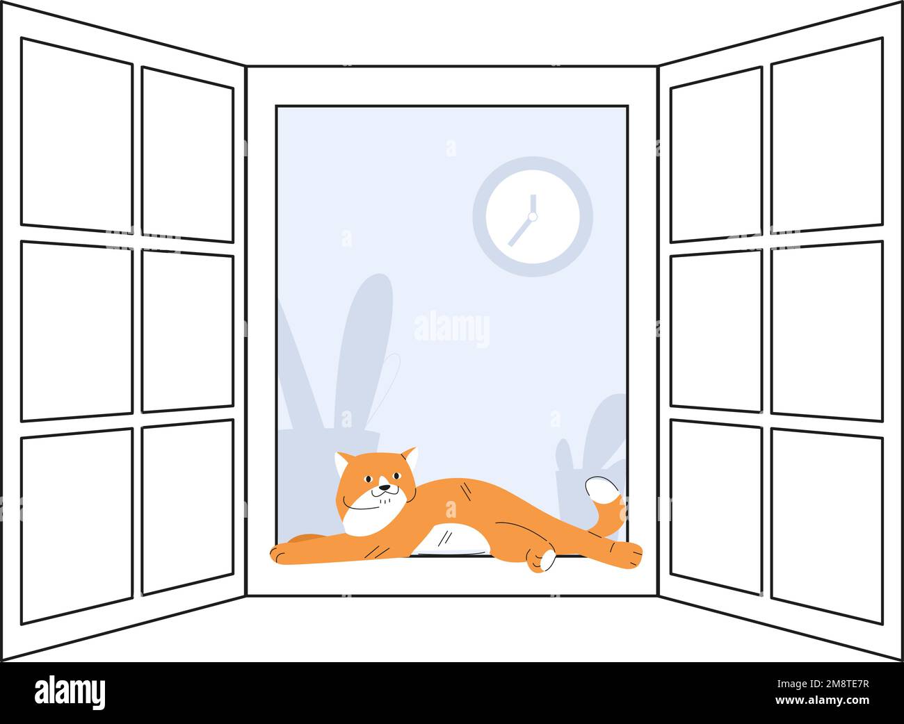 Le chat satisfait repose sur le cadre de la fenêtre. Chaton doux rouge heureux, les animaux de compagnie se détendre au printemps ou en été. Joli vecteur animal dormir concept extérieur Illustration de Vecteur