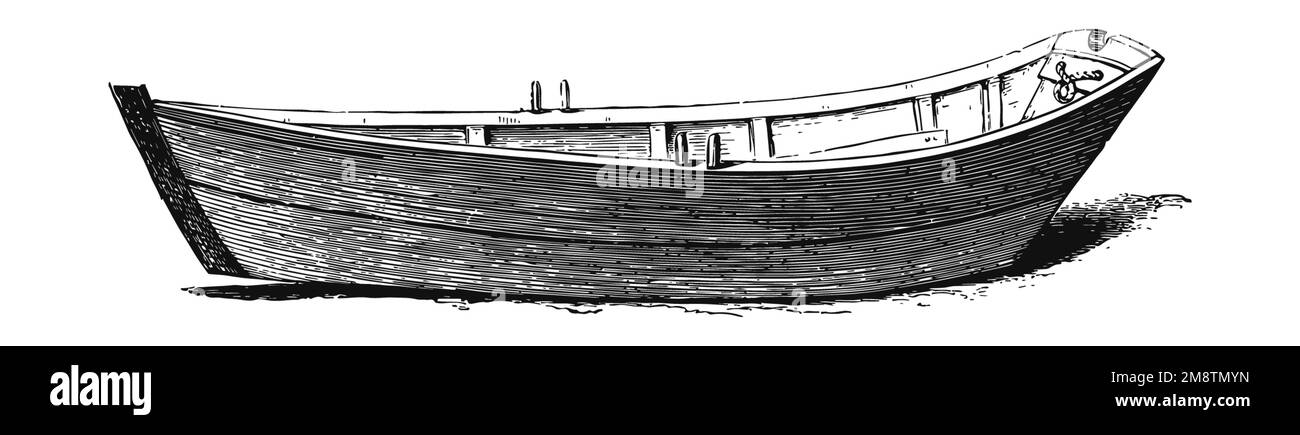 Bateau à rames en bois, gravure, vers 1870 : une coque ouverte à planches avec des bancs transversaux, des nervures internes, des pinceaux de rames et une bobine de corde, vue de dessus. Banque D'Images