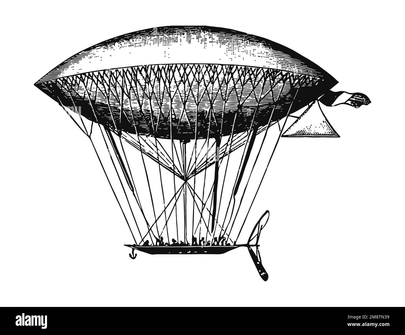 Dirigeable ancien avec gondole, gravure, vers 1885 : une enveloppe en filet en forme de fuseau au-dessus d'une gondole semblable à un bateau surpeuplée et d'une grande hélice. Banque D'Images