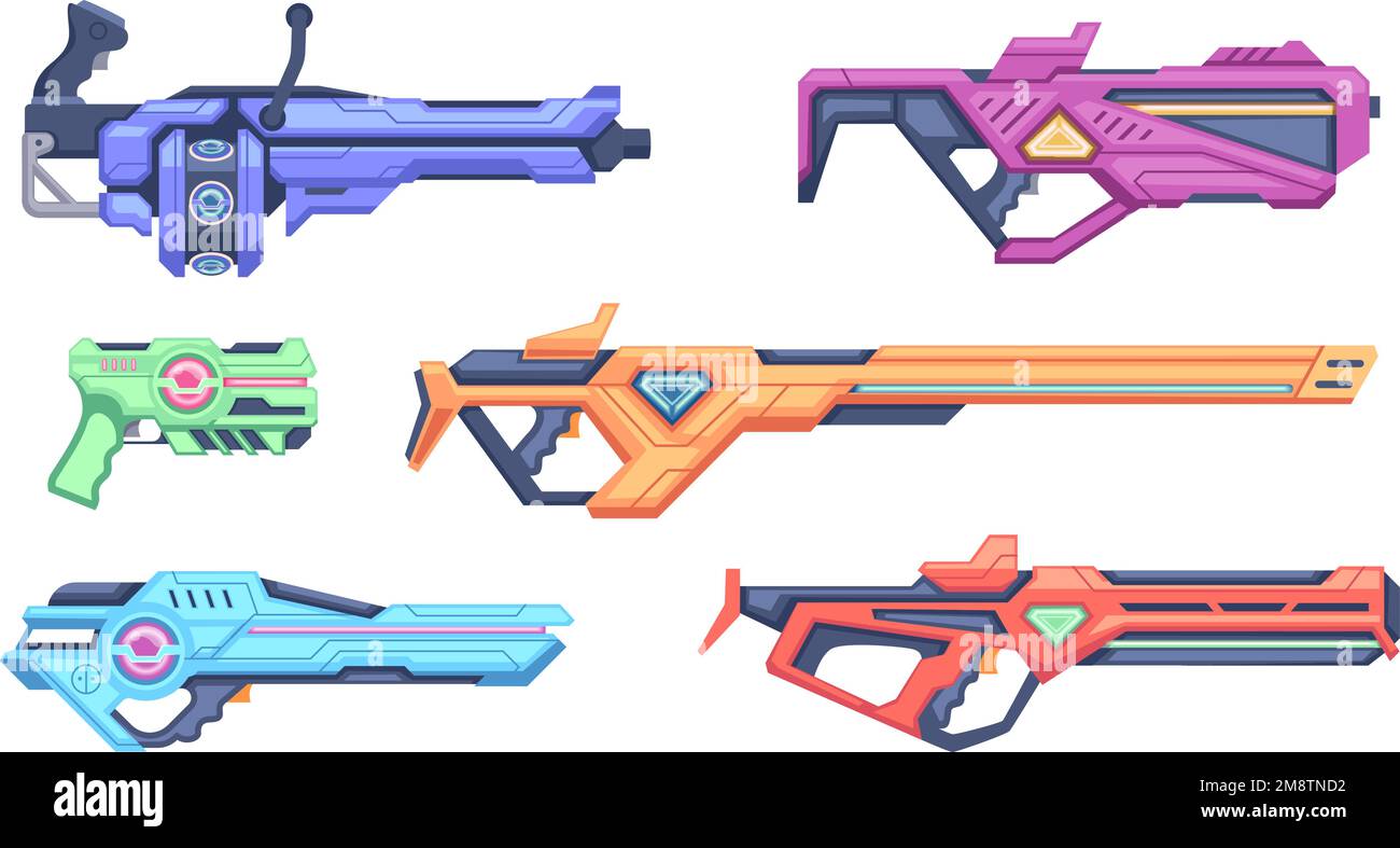 Armes de dessin animé. Pistolets et pistolets à bandes dessinées futuristes blasters d'espace jouets pour enfants modèles de couleurs vectorielles exactes Illustration de Vecteur