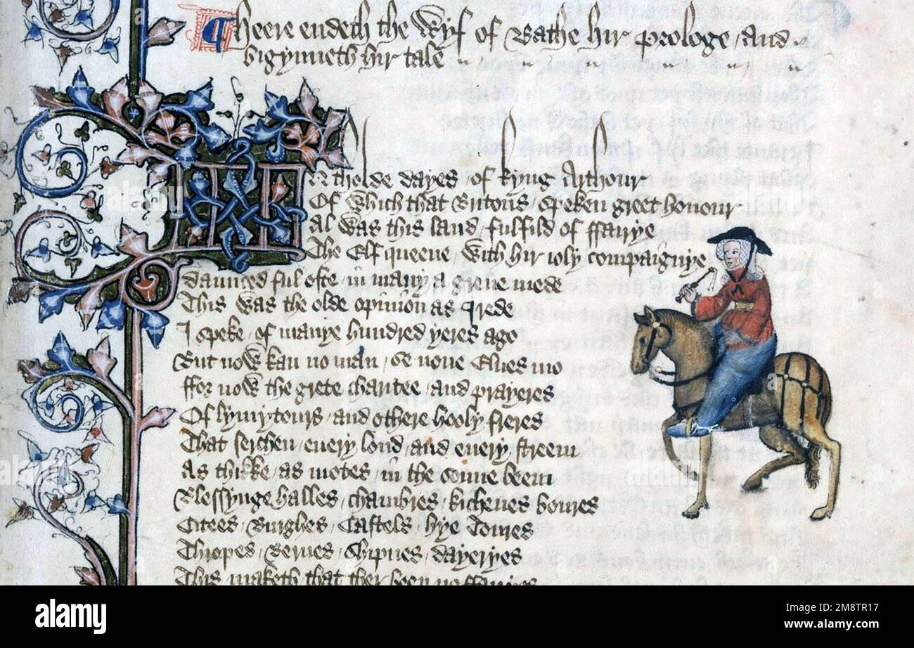 L'ÉPOUSE DE BATH le début de son histoire dans le manuscrit d'Ellesmere des contes de Canterbury de Chaucer, vers 1480. Banque D'Images