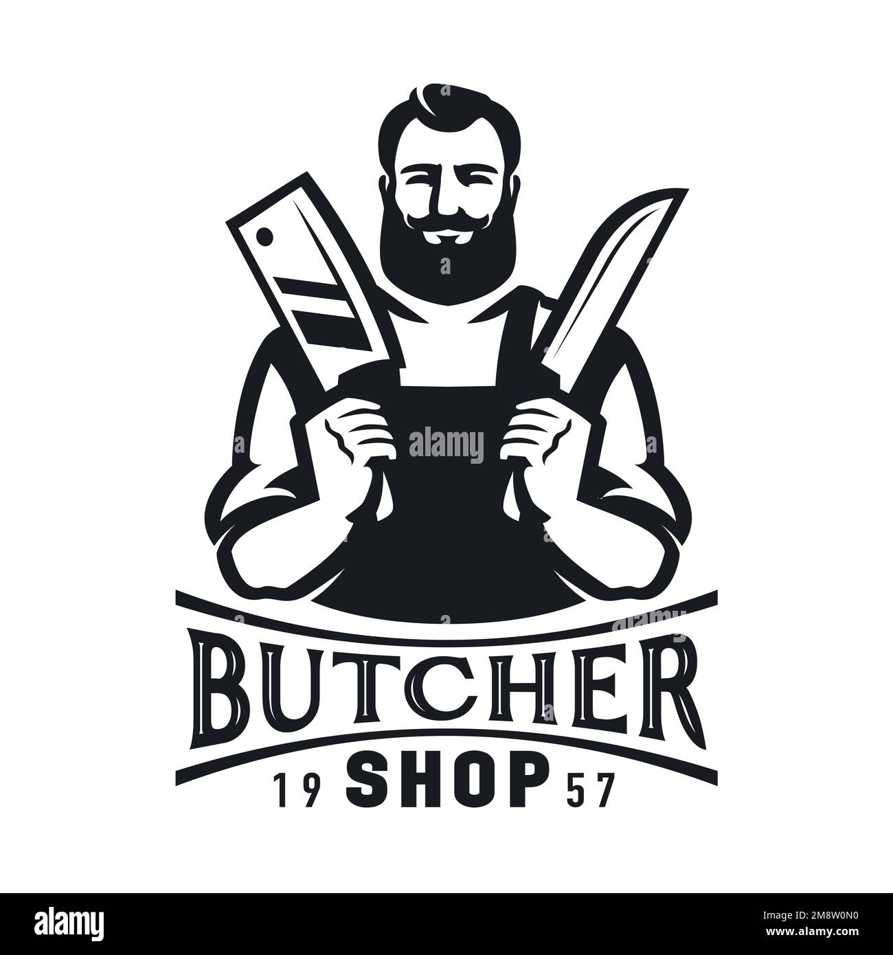 Boucher avec les couteaux à viande dans les mains. Logo de l'atelier de boucher pour le design. Badge de nourriture biologique agricole. Illustration vectorielle Illustration de Vecteur
