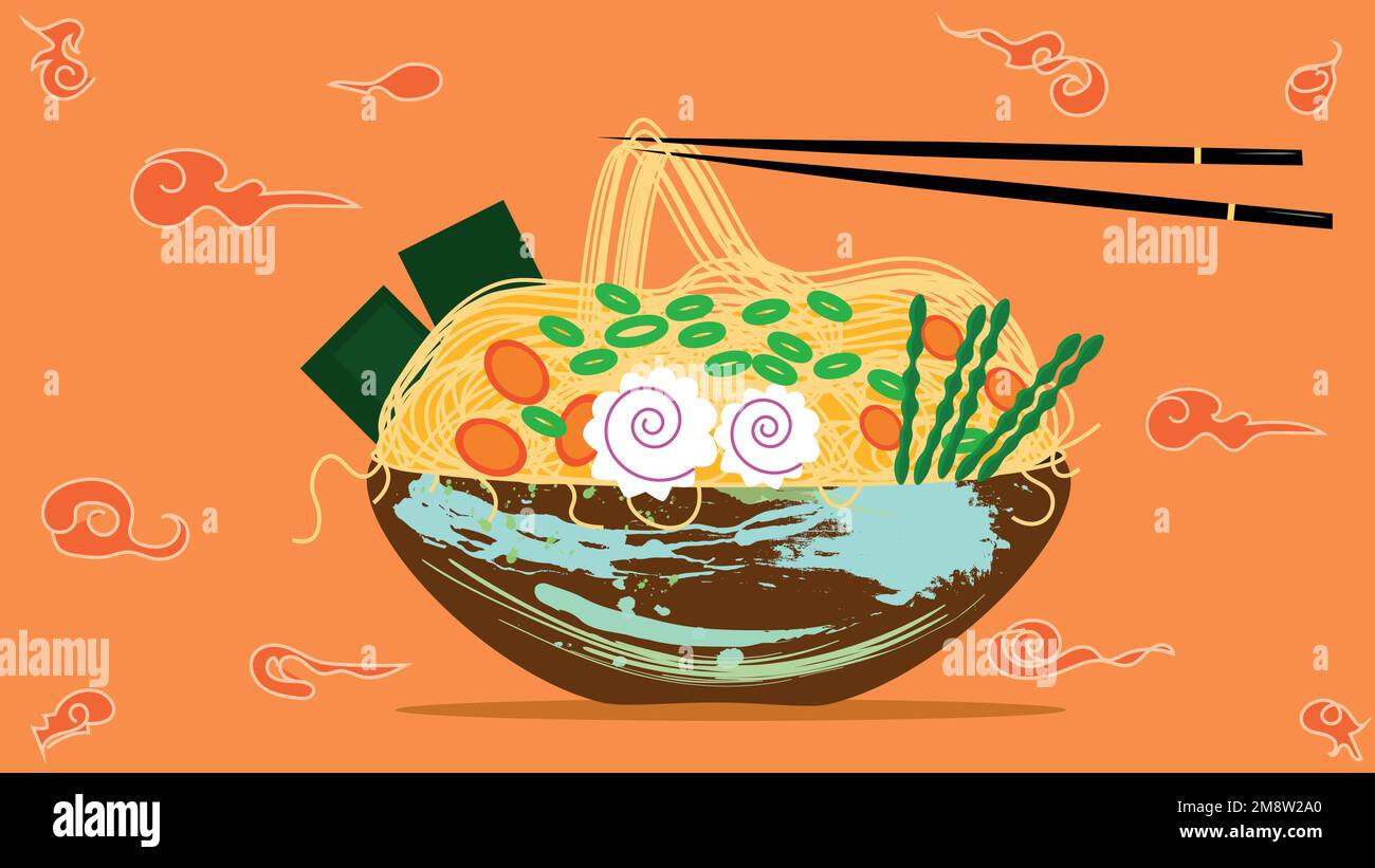 Nouilles asiatiques délicieuses. Grand bol de nouilles aromatiques avec légumes. cuisine japonaise Illustration de Vecteur