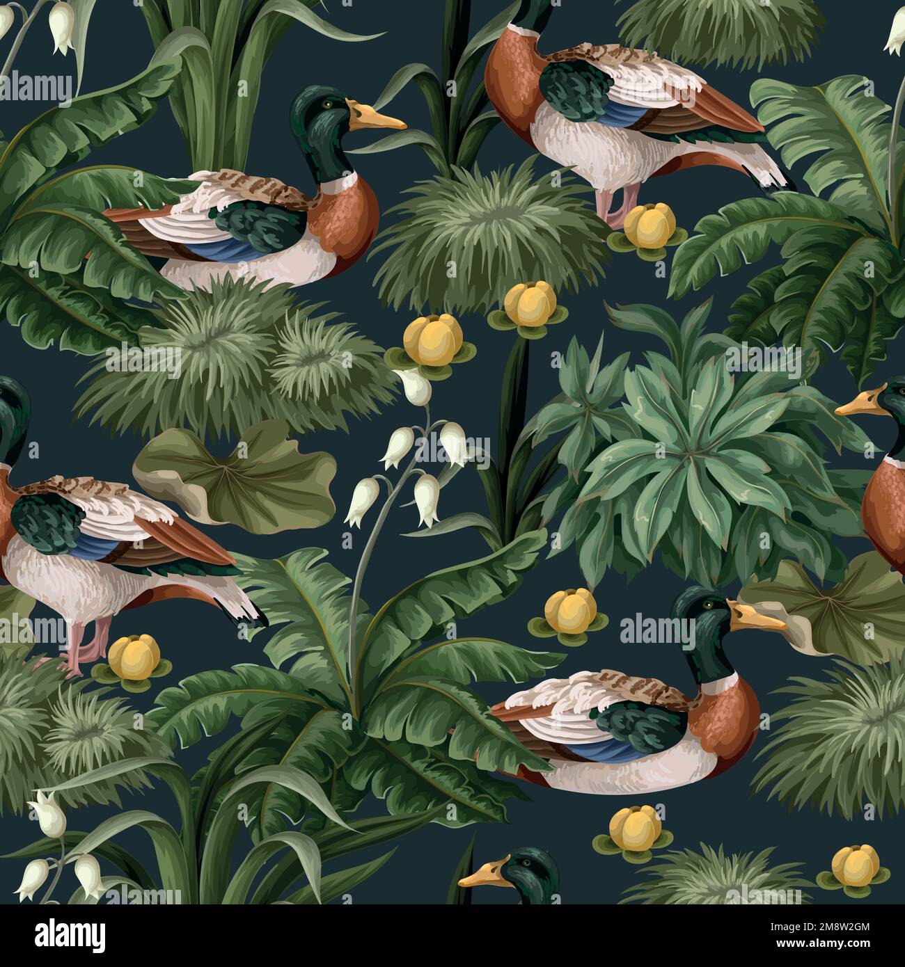 Motif sans couture avec canards et nénuphars dans l'étang. Vecteur. Illustration de Vecteur