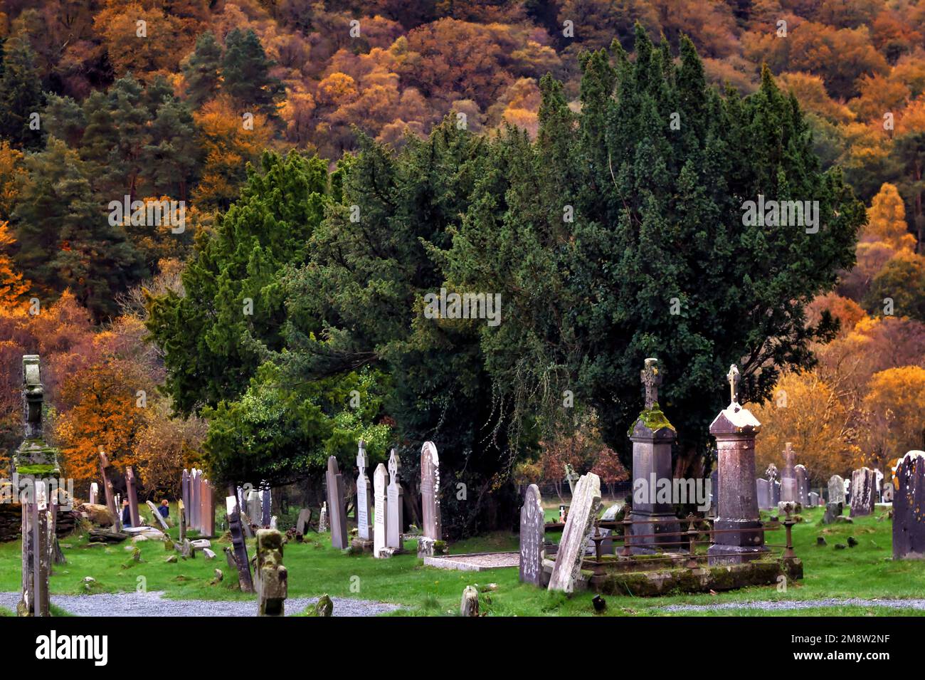 Cimetière médiéval du monastère de Glendalough dans les montagnes de Wicklow en Irlande Banque D'Images