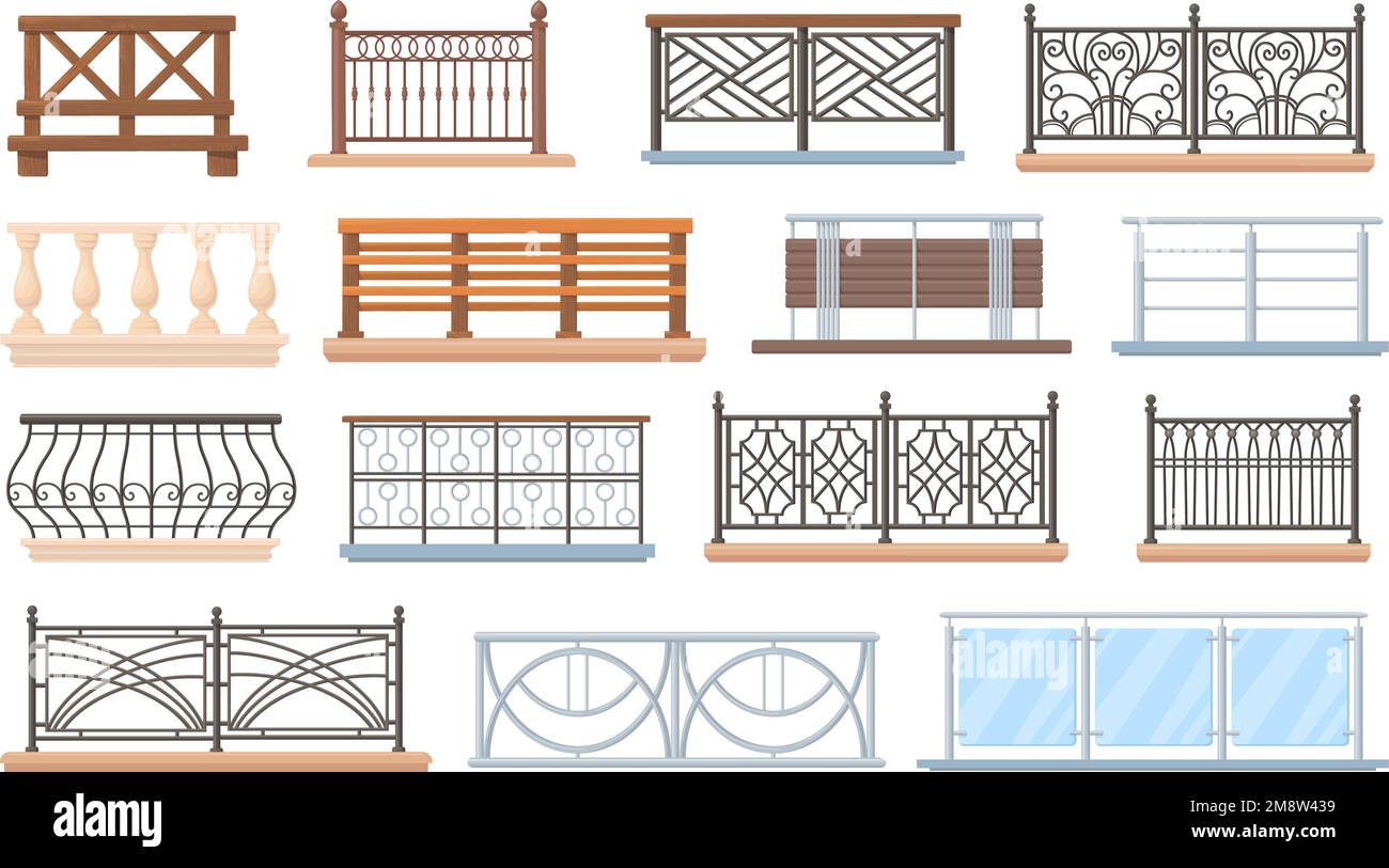 Balustrades de balcon. Garde-corps en bois et en acier inoxydable maison architecture d'escrime, main courante décorative terrasse verre balustrade banister en métal extérieur, illustration vectorielle soignée de l'architecture balustrade Illustration de Vecteur