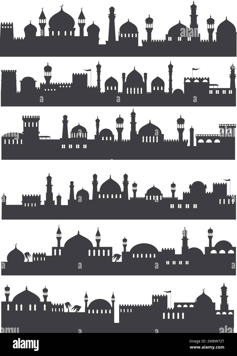 Silhouettes de paysage urbain arabe. Architecture arabe traditionnelle, silhouette de bâtiment de la mosquée islamique du ramadan, arabesque musulman, illustration de l'ancien scénario de minaret, paysage urbain, architecture arabe Illustration de Vecteur