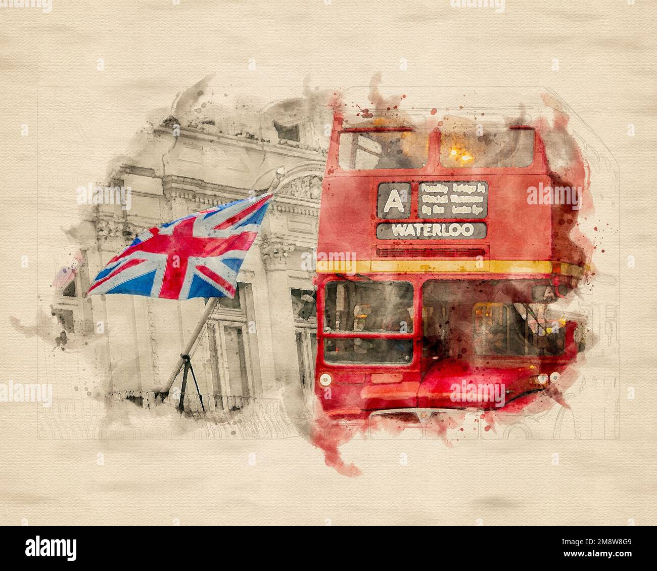 Impression aquarelle d'un vieux bus à impériale d'époque avec destination Waterloo devant le drapeau du Royaume-Uni sur un vict blanc Banque D'Images