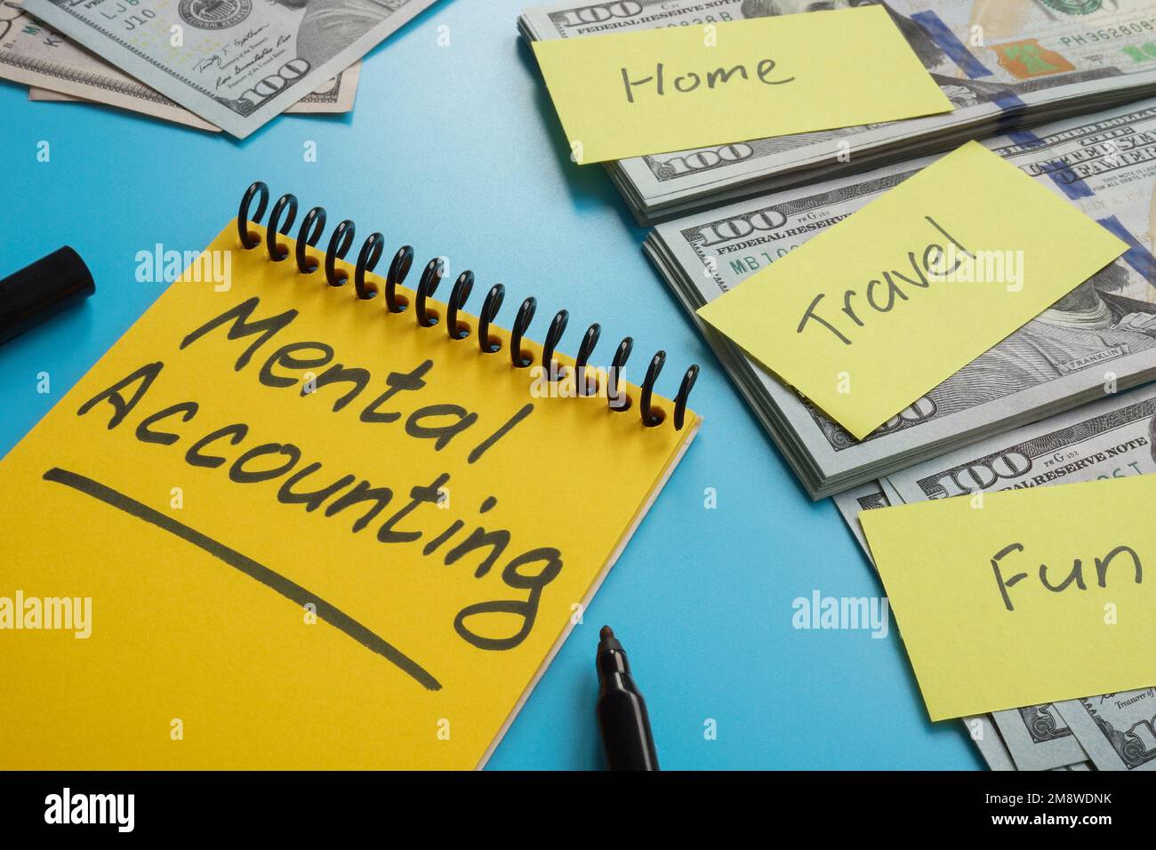 Piles d'argent et inscription dans le bloc-notes la comptabilité mentale. Banque D'Images