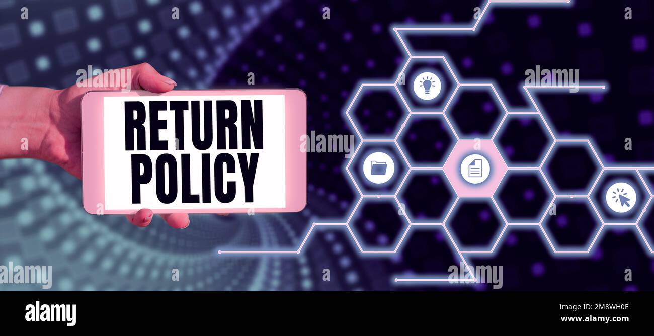 Légende présentant la politique de retour. Conditions générales de vente du remboursement de la taxe sur les idées commerciales à l'achat Banque D'Images