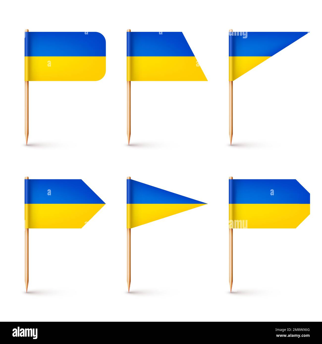 Divers drapeaux ukrainiens réalistes. Souvenir de l'Ukraine. Cure-dents en bois avec drapeau en papier. Repère d'emplacement, pointeur de carte. Maquette vide pour Illustration de Vecteur