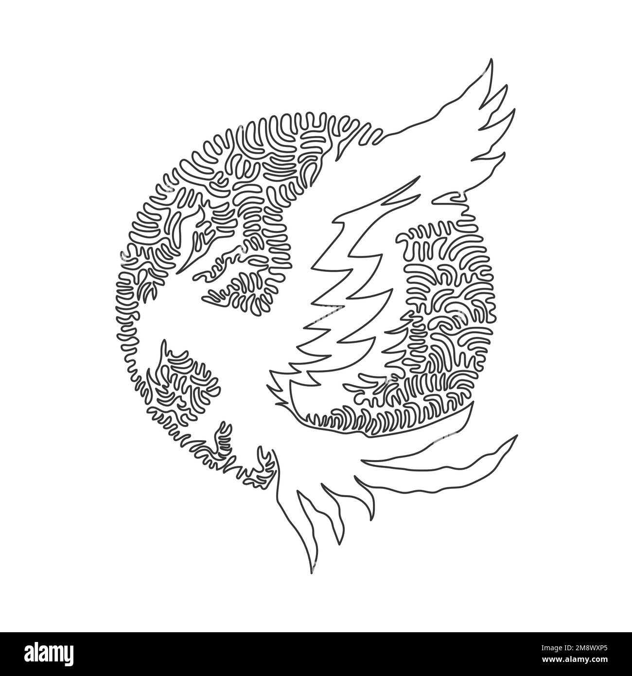 Courbe continue dessin d'une ligne de l'art abstrait Phoenix volant dans un cercle. Illustration d'un vecteur de trait modifiable à une seule ligne d'un oiseau mystérieux énorme Illustration de Vecteur