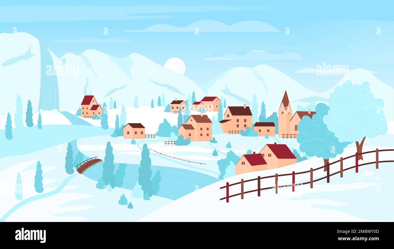 Campagne européenne paysage d'hiver illustration vectorielle. Paysages de dessins animés avec station de ski de montagne et village en Europe, maisons et arbres avec neige, cascade et rivière, destination de voyage alpine Illustration de Vecteur