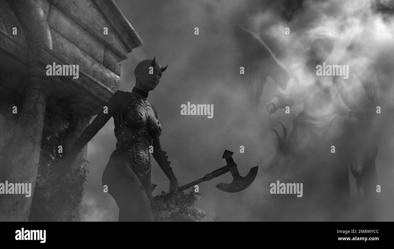 Démon femelle dans un vieux mausolée effrayant au clair de lune avec un ange en arrière-plan - rendu 3D Banque D'Images