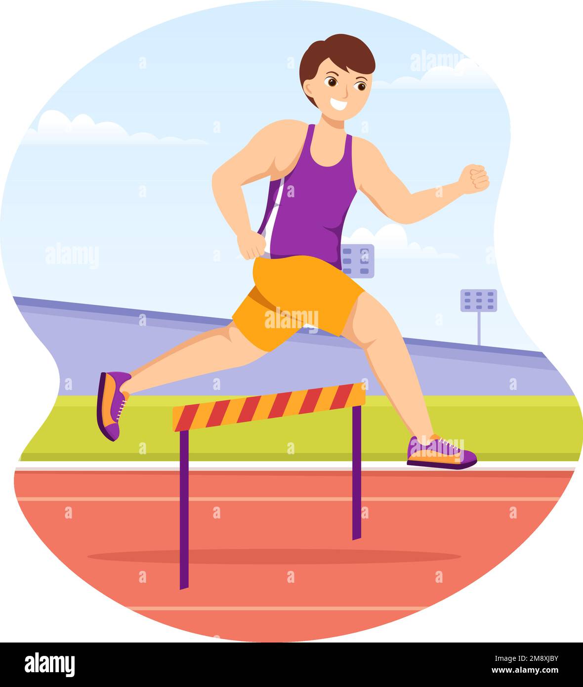 Athlète course obstacle long saut sportif jeu Illustration dans obstacle course pour Web Banner ou page d'arrivée dans Flat Cartoon modèles dessinés à la main Illustration de Vecteur