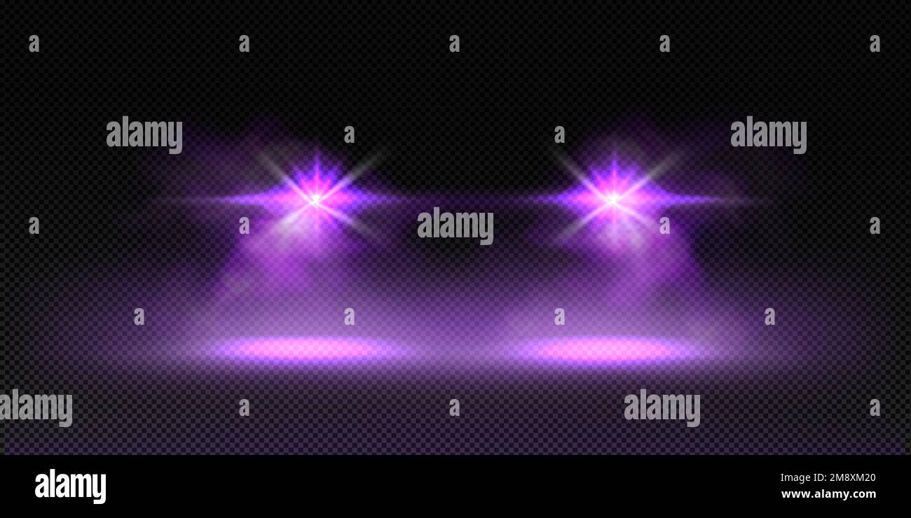 Feux avant de la voiture dans le brouillard la nuit. Les phares à LED d'automobile se font avec des reflets violets, des rayons, de la lueur et de la brume isolés sur fond transparent, illustration réaliste vectorielle Illustration de Vecteur