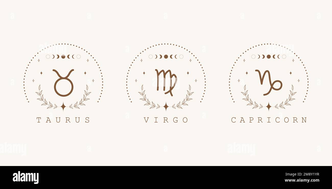 Taurus, virgo, capricorne. Signes du zodiaque de la terre en style boho. Icônes astrologiques sur fond blanc. Mystère et ésotérique. Vecteur d'horoscope Illustration de Vecteur